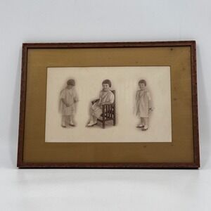 Antique 1920s Child Portrait Photograph Triptych Framed Studio Photo